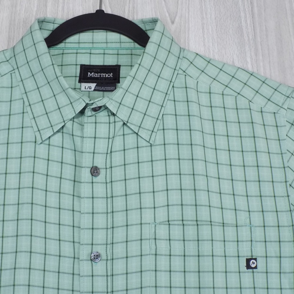 Marmot Button Down Shirt Mens Large Green Plaid Short Sleeve Hiking Outdoors